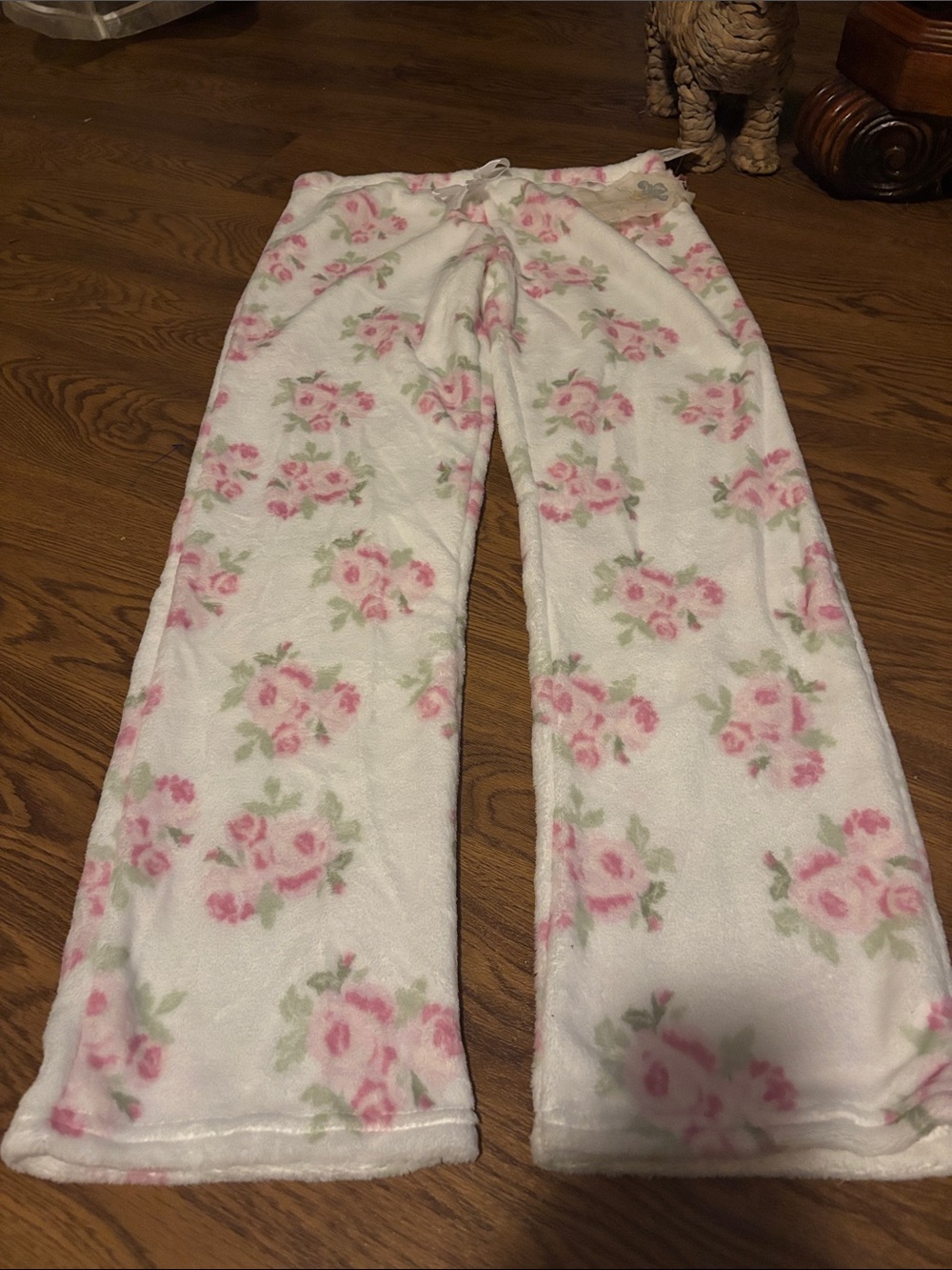 Shabby Chic White Plush Pajama Pants with Pink Rose Print
